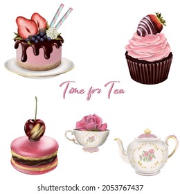 Time for tea. Macaroons, muffins, cake and a cup of tea with a teapot. Vector isolated elements.