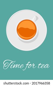 Hora de tomar té, afiche. Taza de té y cruasán. Vector