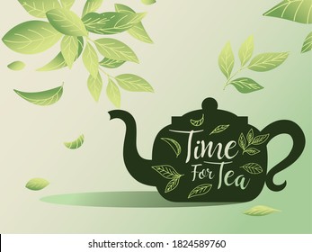 Time for tea with pot and leaves design, drink breakfast beverage hot porcelain ceramic english and invitation theme Vector illustration