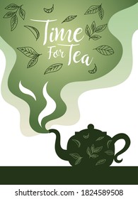 Time for tea with pot and leaves on smoke design, drink breakfast beverage hot porcelain ceramic english and invitation theme Vector illustration