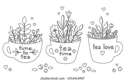 Time to tea. Set of hand-drawn tea cups with herbs, flowers and berries. Outline coloring book in cartoon doodle style. Black lines isolated on a white. Beautiful tea mug with bouquet. Vector print.