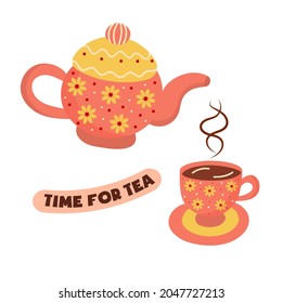 Time for tea, a teapot and a cup of hot drink with saucer. 