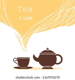 Time for tea.Cup of tea and teapot illustration for text isolated on white