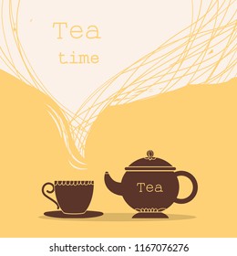Time for tea.Cup of tea and teapot illustration for text isolated on white