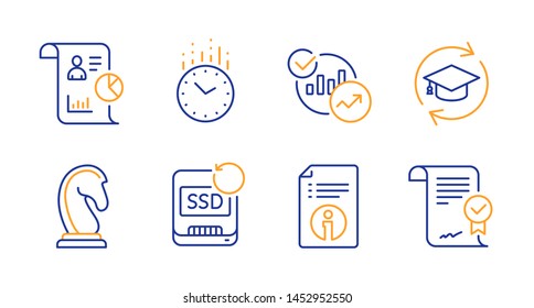 Time, Technical info and Report line icons set. Marketing strategy, Continuing education and Statistics signs. Recovery ssd, Approved agreement symbols. Clock, Documentation. Education set. Vector