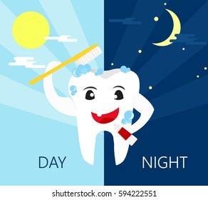 time to teeth toothbrush himself cartoon character at day and night