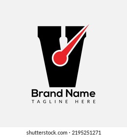 Time Template On V Letter. Fast And Time Logo Design Watch Concept