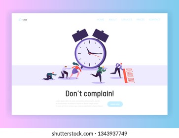 Time and Term Deadline Concept Landing Page. Male and Female Office Worker Character Run to Finish. Time Management Planning Website or Web Page. Big Clock Flat Cartoon Vector Illustration