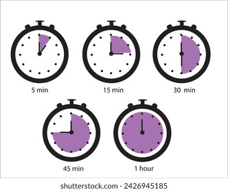 Time terms icon set. Hour 15 min half hour 30 min 45 min vector illustration