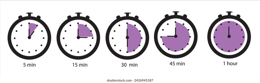 Time terms icon set. Hour 15 min half hour 30 min 45 min vector illustration