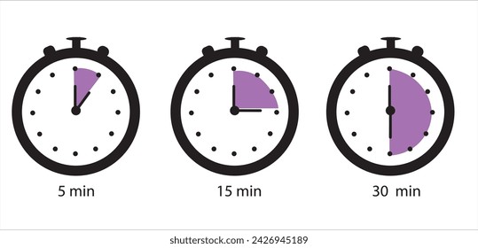 Time terms icon set. Hour 15 min half hour 30 min 45 min vector illustration