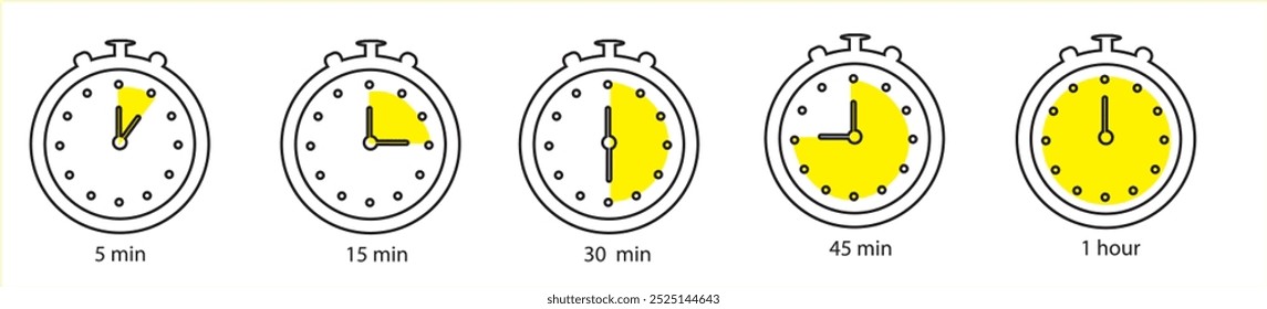 Conjunto de ícones de termos de tempo. Hora 15 min meia hora 30 mi