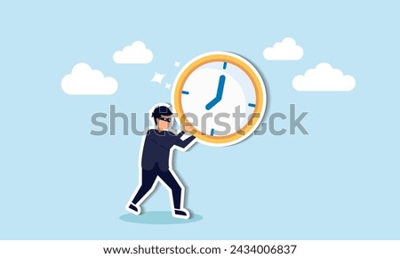 Time theft or procrastination hinders productivity; efficient work meets deadlines, strategizes, and accomplishes tasks concept, burglar thief stealing time clock and run away.