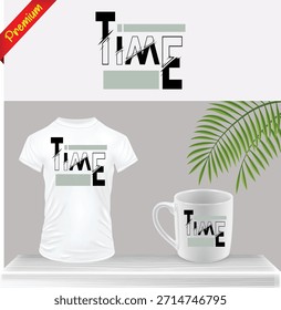 Diseño de logotipo temático de tiempo Impresión gráfica en camiseta y taza de café. Ilustraciones conceptuales para relojes, urgencias y horarios. Maqueta de Mercancía de Vector moderna.