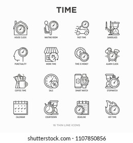 Time thin line icons set: coffee time, stopwatch, smart watch, hot time, sale, deadline, alarm, open hours, countdown. Modern vector illustration.