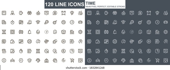 Time thin line icons set. Business productivity, efficiency unique design icons. Time measuring and management, deadline and countdown outline vector bundle. 48x48 pixel perfect linear pictogram pack.