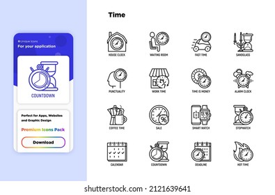 Time thin line icons set: coffee time, punctuality, stopwatch, smart watch, hot time, sale, deadline, alarm, open hours, countdown, work time, sandglass, waiting room, calendar. Vector illustration