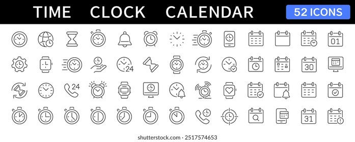 Definição de ícones de linha fina de tempo. Ícones de traçado editáveis de Hora, Relógio e Calendário. Símbolo de cronômetro. Ícone Calendário. Ilustração vetorial