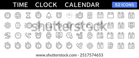 Time thin line icons set. Time, Clock and Calendar editable stroke icons. Stopwatch symbol. Calendar icon. Vector illustration