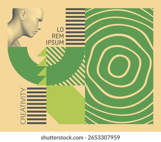 Es hora de pensar. Composición artística. Cabeza humana digital construyendo a partir de puntos. Abstractas fondo geométrico de rayas con efecto ondulado. Plantilla de diseño de la cubierta. Vector para folleto, póster o Anuncio.