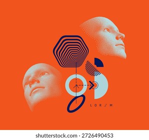 Hora de pensar. conceito de descoberta, estudo e aprendizagem. Fundo geométrico. Face humana digital construindo a partir de pontos. Modelo de design de capa. Vetor para apresentação, faixa, capa ou folheto.