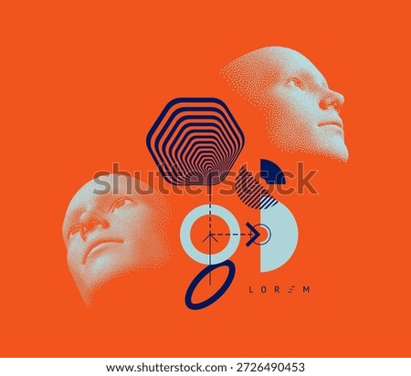 Time to think. Discovery, studying and learning concept. Geometrical background. Digital human face constructing from dots. Cover design template. Vector for presentation, banner, cover or brochure.