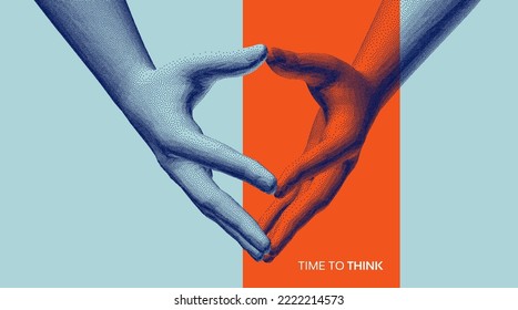 Time to think. Hands with steepled fingers. Man body language for confidence and self-esteem. Symbolic for unity and harmony. 3D illustration for banner, poster, cover, brochure or presentation. 