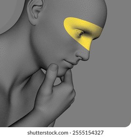 Time to think. Man with hand on chin as if he is thinking, pondering and searching for answers. Digital face with eye area colour highlighting effect. Design for business presentation, flyer or poster