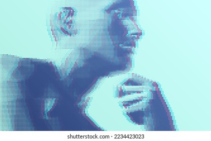 Time to think. Man with his fist under his chin. Searching for answers. Stipple effect. Minimalistic design for business presentations, flyers or posters. 3D human body model composed of particles.