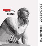 Time to think. A man with his hand on his chin as though he was thinking. Artificial intelligence concept. Searching for answers. Your personal assistent. 3D vector illustration.