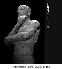Time to think. A man with his hand on his chin as though he was thinking. Artificial intelligence concept. Searching for answers. Your personal assistent. Voxel art. 3D vector illustration.