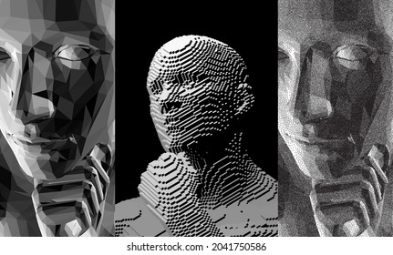 Time to think. A man with his hand on his chin as though he was thinking. Artificial intelligence concept. Searching for answers. Your personal assistent. 3D vector illustration.