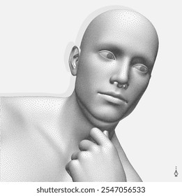 Time to think.  man with his hand on his chin as though he was thinking. Searching for answers. Giving it a little thought. Minimalistic design for business presentation, flyer or poster. 3d vector.