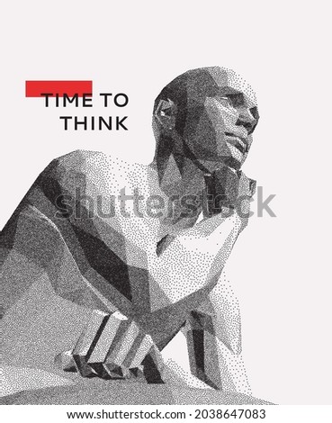 Time to think. A man with his hand on his chin as though he was thinking. Artificial intelligence concept. Searching for answers. Your personal assistent. 3D vector illustration.