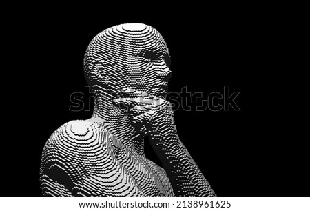 Time to think. A man with his hand on his chin as though he was thinking. Artificial intelligence concept. Searching for answers. Your personal assistent. Voxel art. 3D vector illustration.