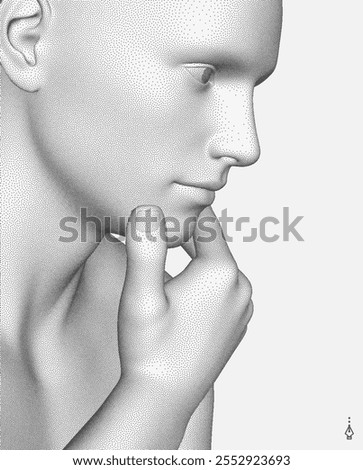 Time to think.  man with his hand on his chin as though he was thinking. Searching for answers. Giving it a little thought. Minimalistic design for business presentation, flyer or poster. 3d vector.
