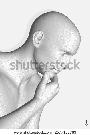 Time to think.  man with his hand on his chin as though he was thinking. Searching for answers. Giving it a little thought. Minimalistic design for business presentation, flyer or poster. 3d vector.
