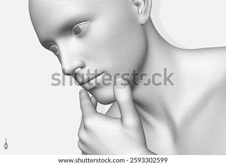 Time to think.  man with his hand on his chin as though he was thinking. Searching for answers. Giving it a little thought. Minimalistic design for business presentation, flyer or poster. 3d vector.