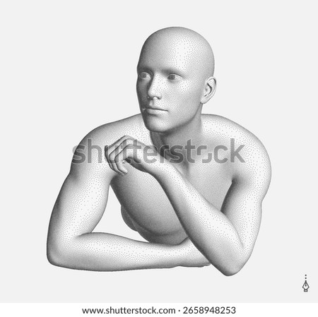 Time to think.  Man with his hand on his chin as though he was thinking. Searching for answers. Giving it a little thought. Minimalistic design for business presentation, flyer or poster. 3d vector.