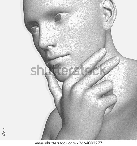 Time to think.  man with his hand on his chin as though he was thinking. Searching for answers. Giving it a little thought. Minimalistic design for business presentation, flyer or poster. 3d vector.
