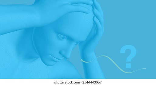 Time to think. A man in shock tries to decide the question, his hands around his head. The concept of being puzzled, confused or shocked by something. Searching for an answer. 3D vector for design. 