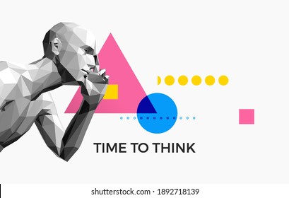 Time to think. A man touching his temples and remembering something. Giving it a little thought. Minimalistic design for business presentations, flyers or posters. 3d vector illustration.
