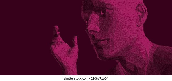 Time to think. A man think and wave with hand. Searching for answers. Stipple effect. 3D vector illustration.