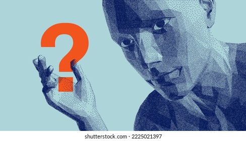 Time to think. A man think and wave with hand with a question mark. Searching for answers. Stipple effect. 3D vector illustration. Design for banner, flyer, poster, cover or brochure.