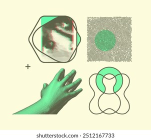 Time to think. A man's gaze. Hands with fingers folded together. Male body language for confidence and self-esteem. Symbol of unity and harmony. Background of black chaotically moving dots. 3D vector.