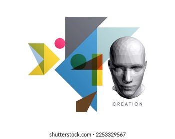 Time to think. Process creating something unique. Art concept. Polygonal human head. Cover design template with copy space. 3D illustration for brochure, poster, presentation, flyer or banner. 
