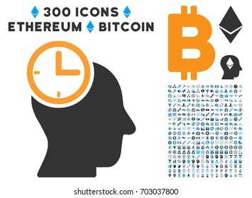 Time Thinking Head pictograph with 300 blockchain, bitcoin, ethereum, smart contract symbols. Vector pictograph collection style is flat iconic symbols.