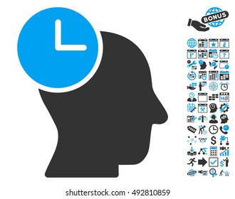 Time Thinking icon with bonus calendar and time management design elements. Vector illustration style is flat iconic bicolor symbols, blue and gray colors, white background.