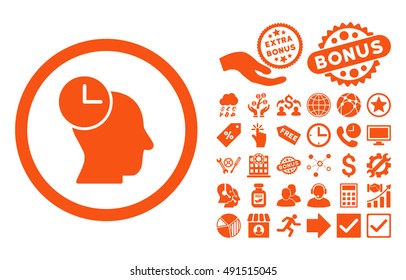 Time Thinking icon with bonus clip art. Vector illustration style is flat iconic symbols, orange color, white background.