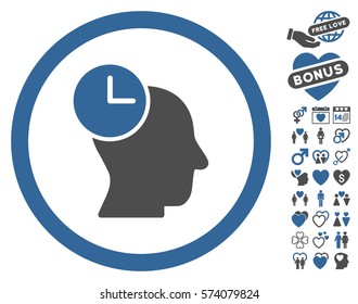 Time Thinking icon with bonus decoration icon set. Vector illustration style is flat rounded iconic cobalt and gray symbols on white background.